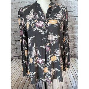 Free People Womens Blouse Floral Gray Bell Sleeves High Low V Neck S